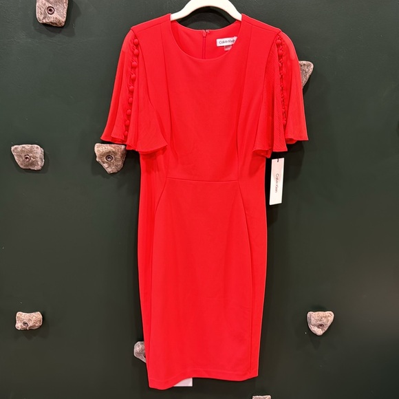 Calvin Klein Button Chiffon Flutter Sleeve Sheath Dress - Picture 2 of 4